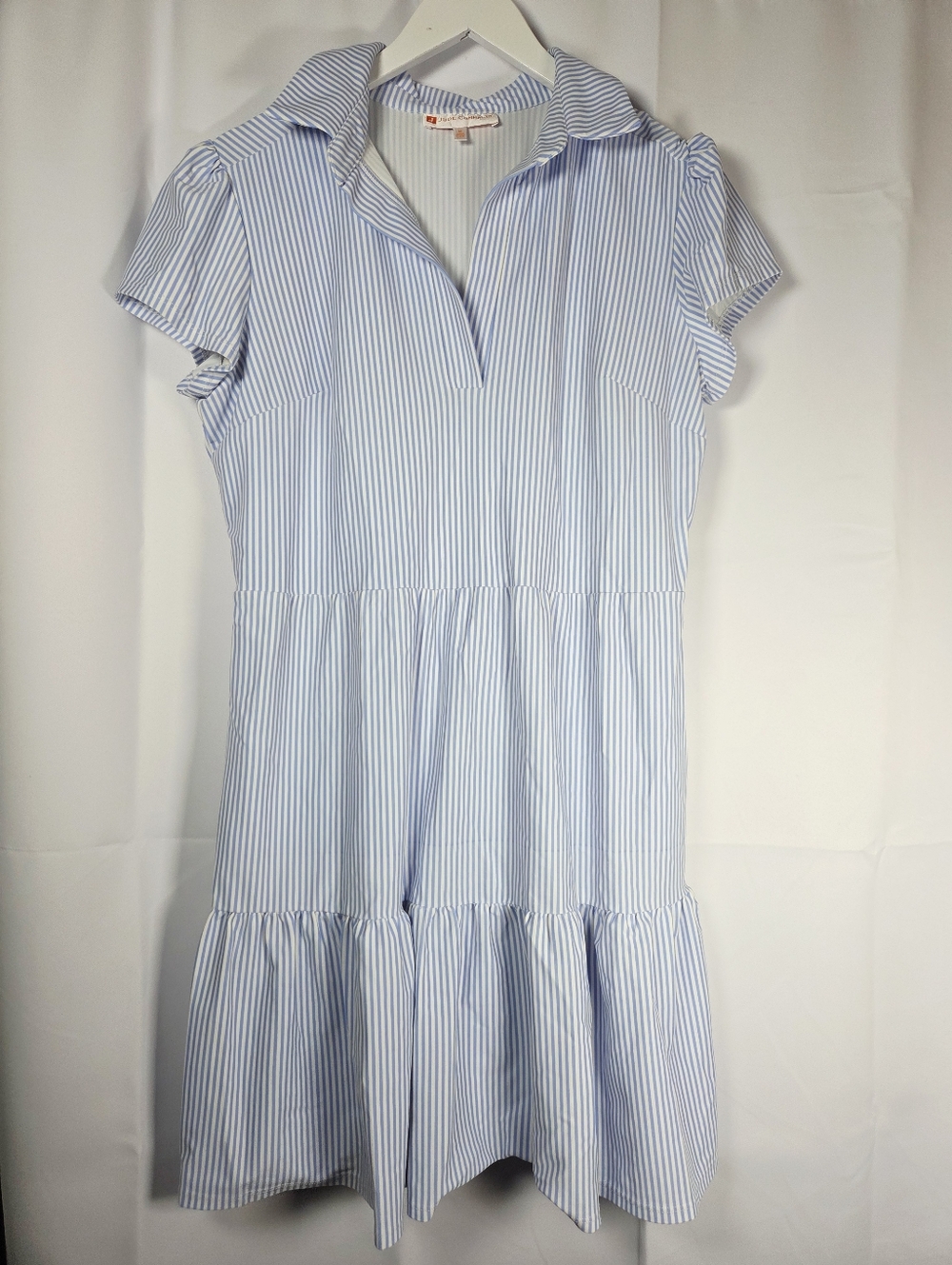 Jude Connally Ginger Dress Blue White Pinstripe Tiered Jude Cloth Women's M $208